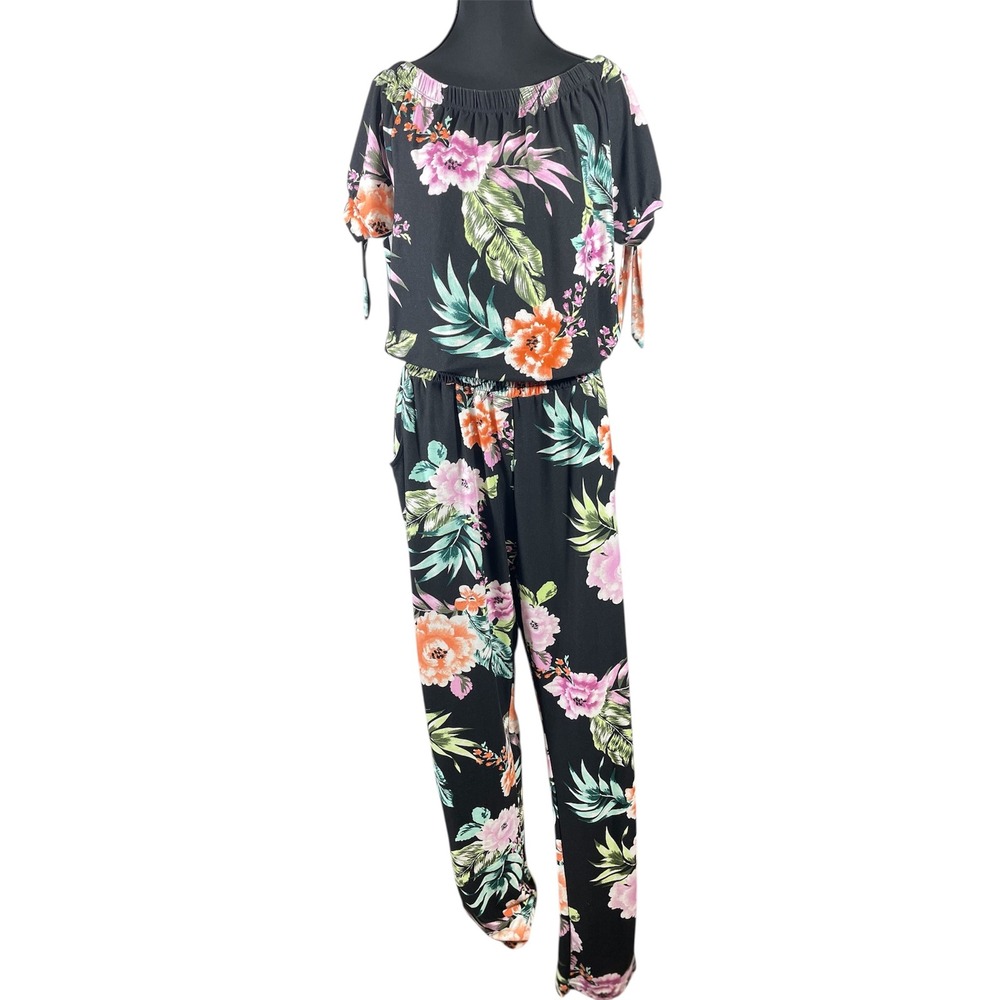 Bobbie Brooks Ladies Black Tropical Floral Off‎ The Shoulder Jumpsuit Size L